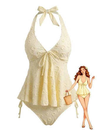 Light Yellow 1950s Textured Floral Halter Deep V Tankini Set