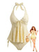 Light Yellow 1950s Textured Floral Halter Deep V Tankini Set