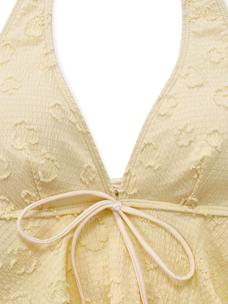 Light Yellow 1950s Textured Floral Halter Deep V Tankini Set neckline closeup