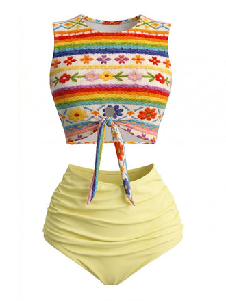 [Pre-Sale] Light Yellow 1960s Rainbow Floral Faux Knit Bikini Set, vintage swimsuit, pin-up swimwear - perfect for women who love vintage and retro fashion