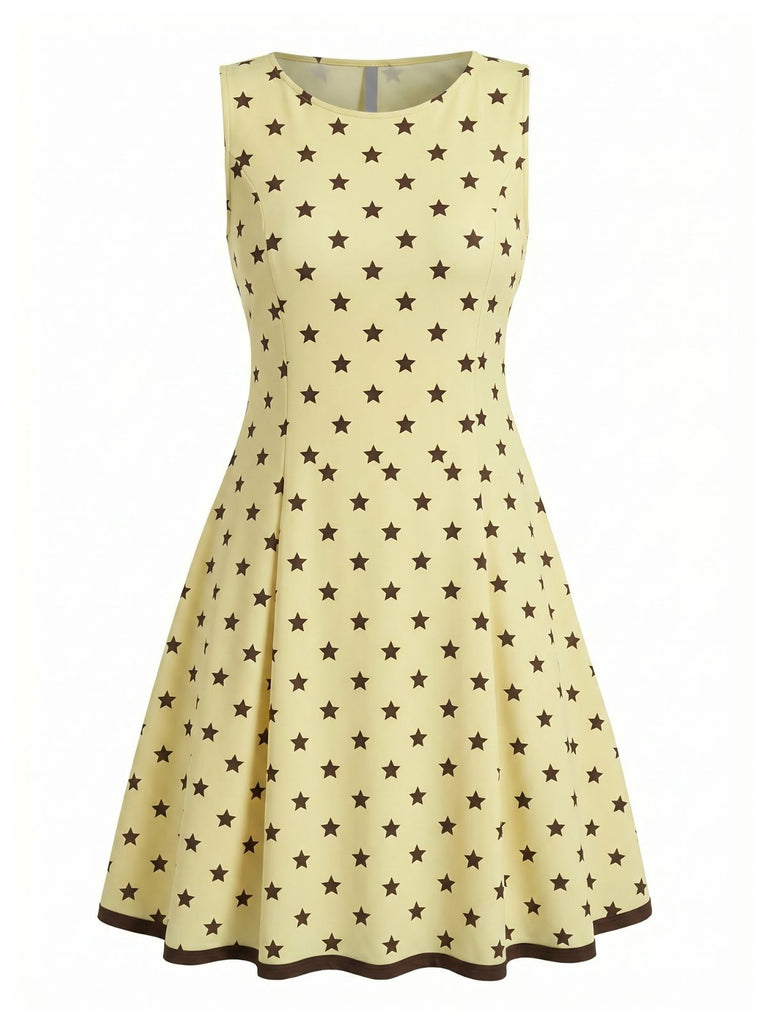 Pre-Sale] Light Yellow 1960s Star Sleeveless A-line Dress | Retro Stage