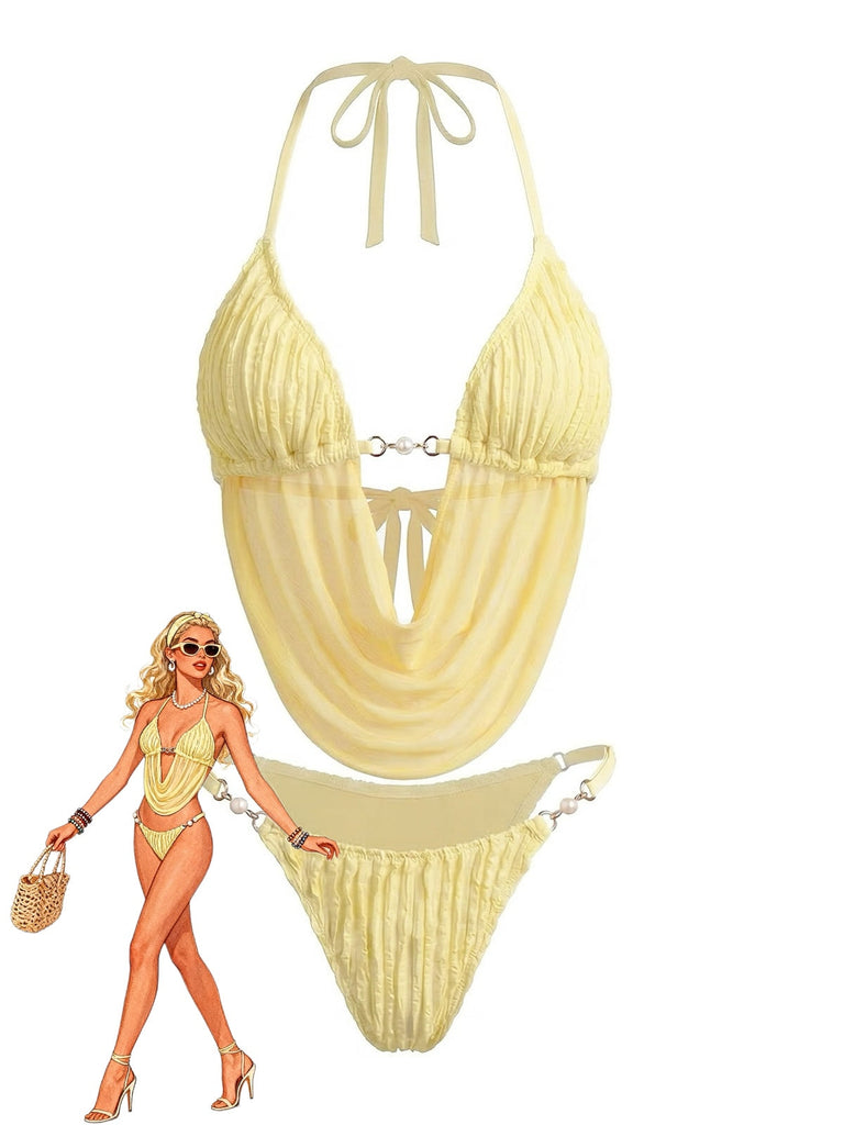 Light Yellow 1980s Sheer Halter Ruched Bikini Set - vintage swimwear, retro swimsuit, pin-up style for vintage lovers