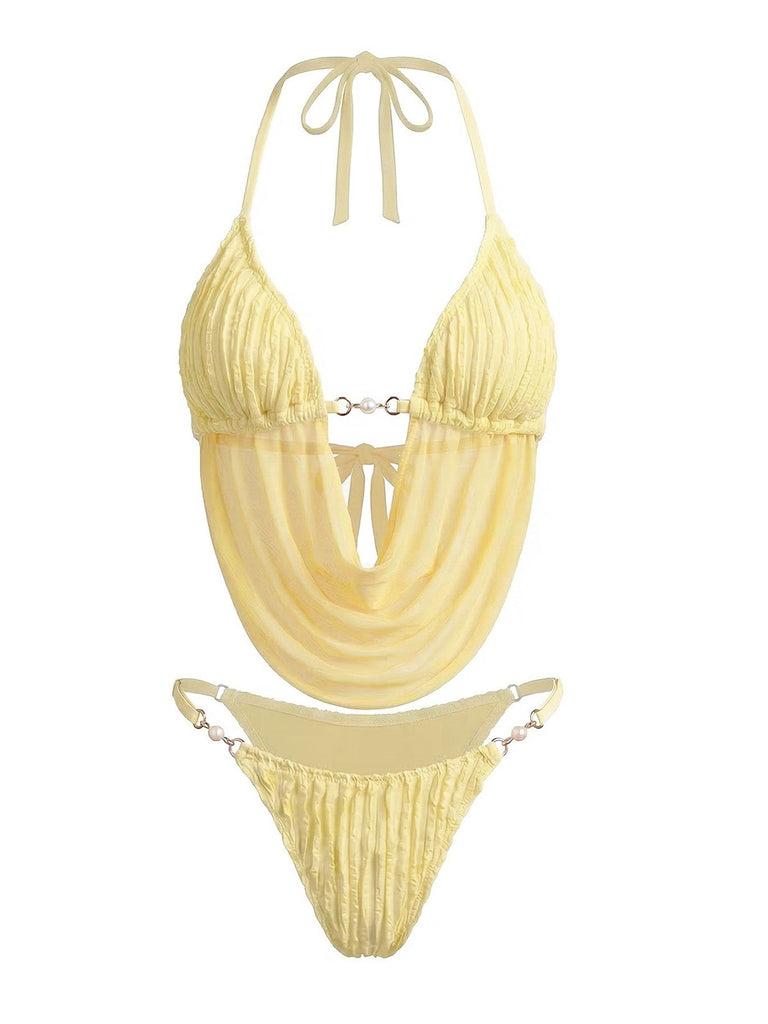 Light Yellow 1980s Sheer Halter Ruched Bikini Set: beautiful vintage swimwear, retro swimsuit, pin-up style with timeless appeal