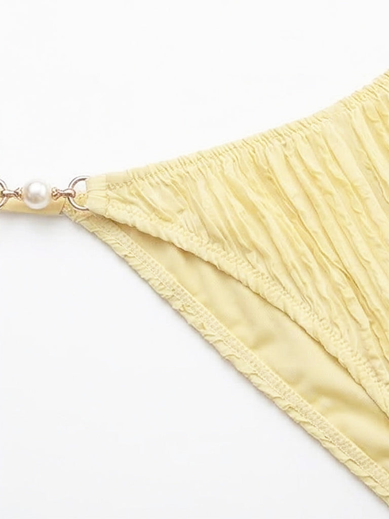 Light Yellow 1980s Sheer Halter Ruched Bikini Set: beautiful vintage swimwear, retro swimsuit, pin-up style with timeless appeal