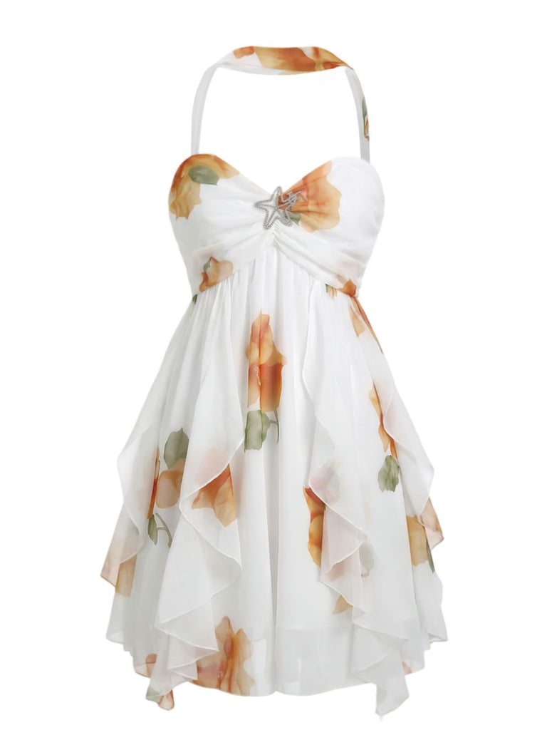 Front: Light Yellow 1960s Halter Backless Irregular Hem Mini Dress, vintage charm, perfect for vintage fashion lovers