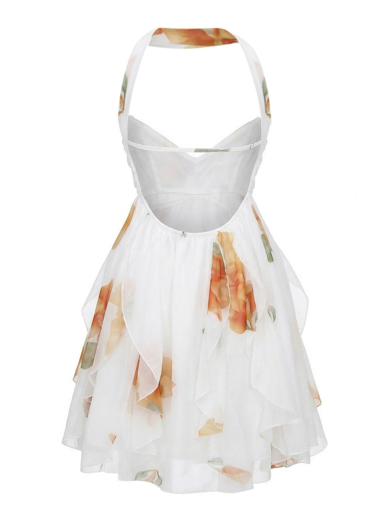 Back: Light Yellow 1960s Halter Backless Irregular Hem Mini Dress, classic silhouette, perfect for vintage fashion lovers