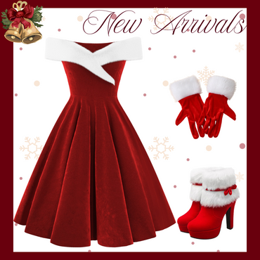 Red 1950s Christmas Off-Shoulder Velvet Dress