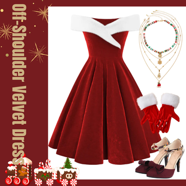 Red 1950s Christmas Off-Shoulder Velvet Dress