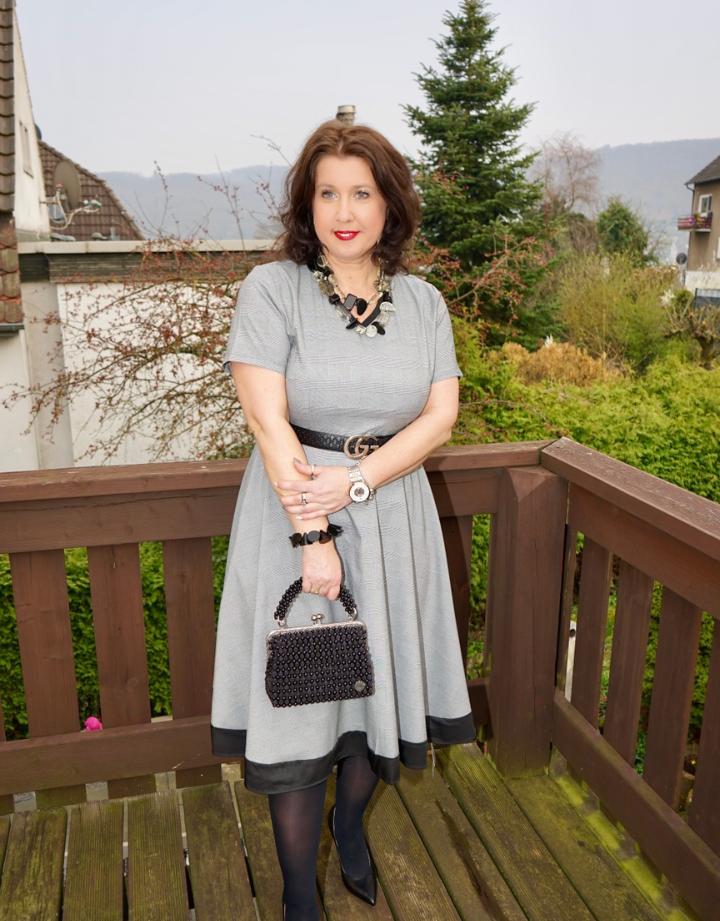 Grey 1950s Houndstooth Belted Dress