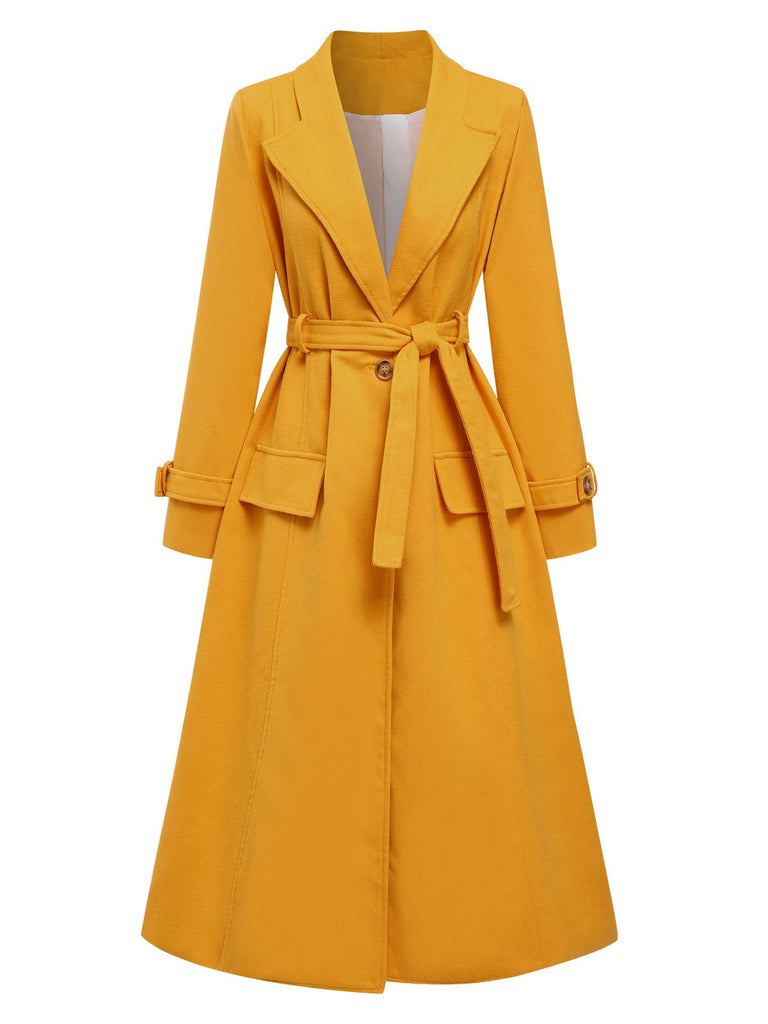 Mango Yellow 1930s Solid Lapel Long Coat, vintage coat, retro outerwear - perfect for women who love vintage and retro fashion