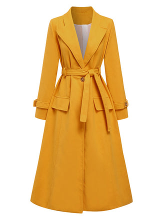 Mango Yellow 1930s Solid Lapel Long Coat, vintage coat, retro outerwear - perfect for women who love vintage and retro fashion