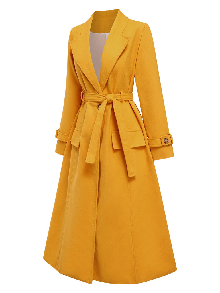 Mango Yellow 1930s Solid Lapel Long Coat, vintage coat, retro outerwear - perfect for women who love vintage and retro fashion