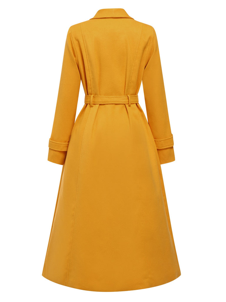 Mango Yellow 1930s Solid Lapel Long Coat, vintage coat, retro outerwear - perfect for women who love vintage and retro fashion