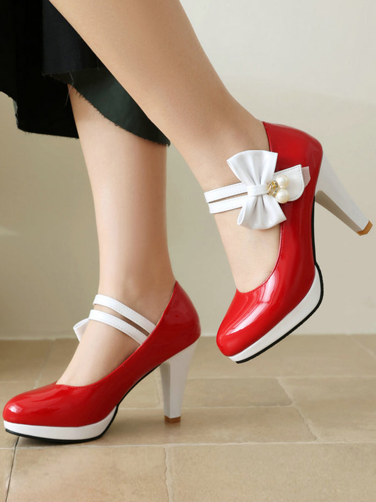 Mary Jane Color Block Side Bow High Heel Shoes — vintage style that transcends decades