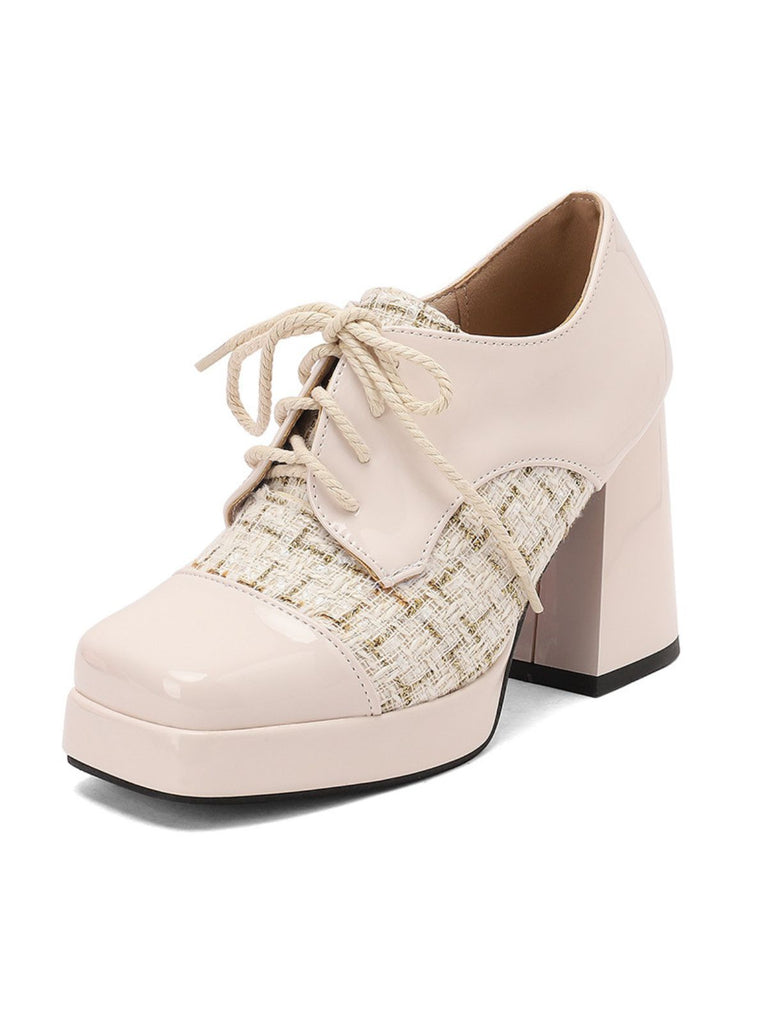 Mary Jane Plaid Square Toe Block Heel Shoes - vintage shoes, retro heels