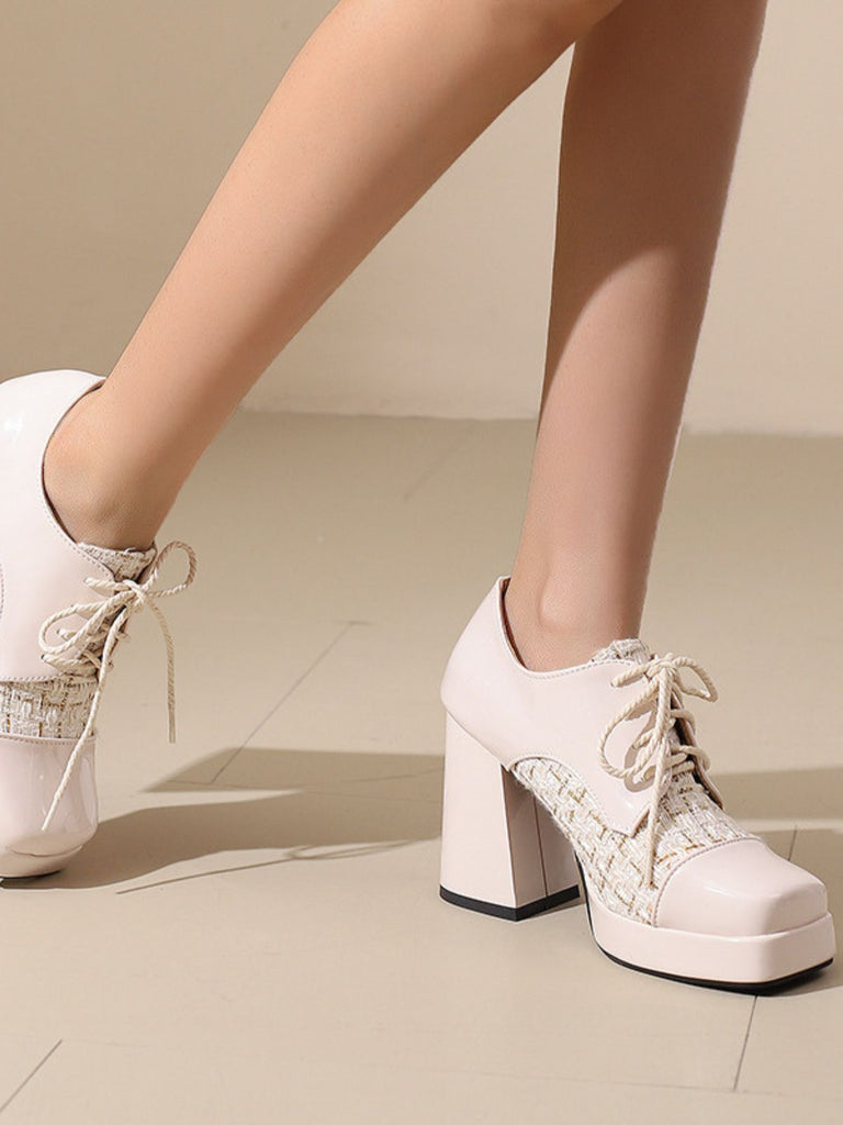 Mary Jane Plaid Square Toe Block Heel Shoes - vintage shoes, retro heels