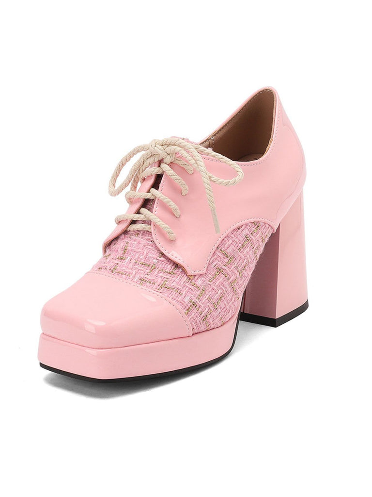 Mary Jane Plaid Square Toe Block Heel Shoes - vintage shoes, retro heels