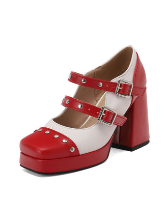 Mary Jane Studded Square Toe Block Heel Shoes - vintage shoes, retro heels
