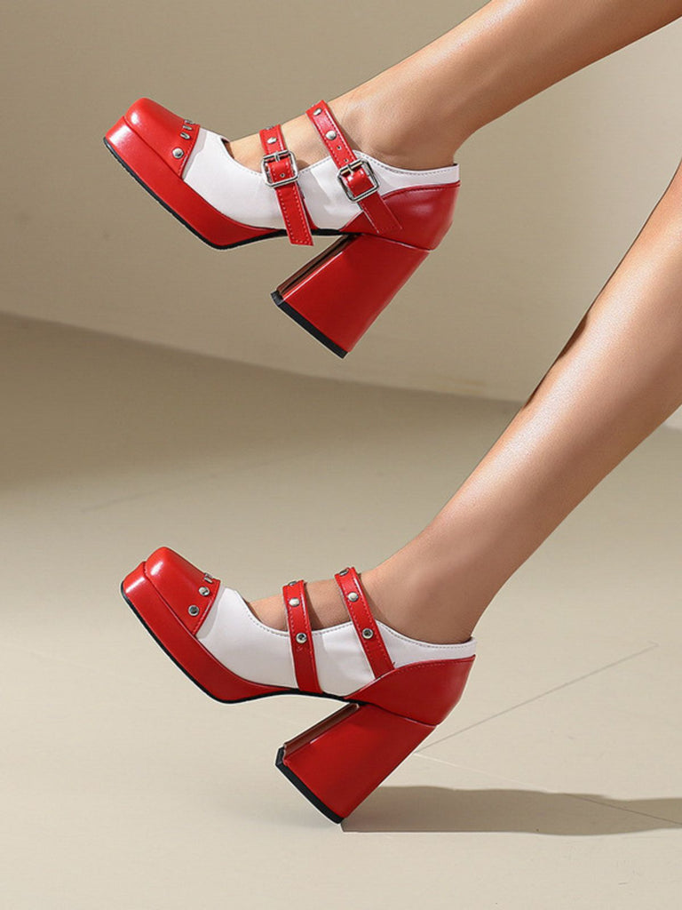 Mary Jane Studded Square Toe Block Heel Shoes | Retro Stage