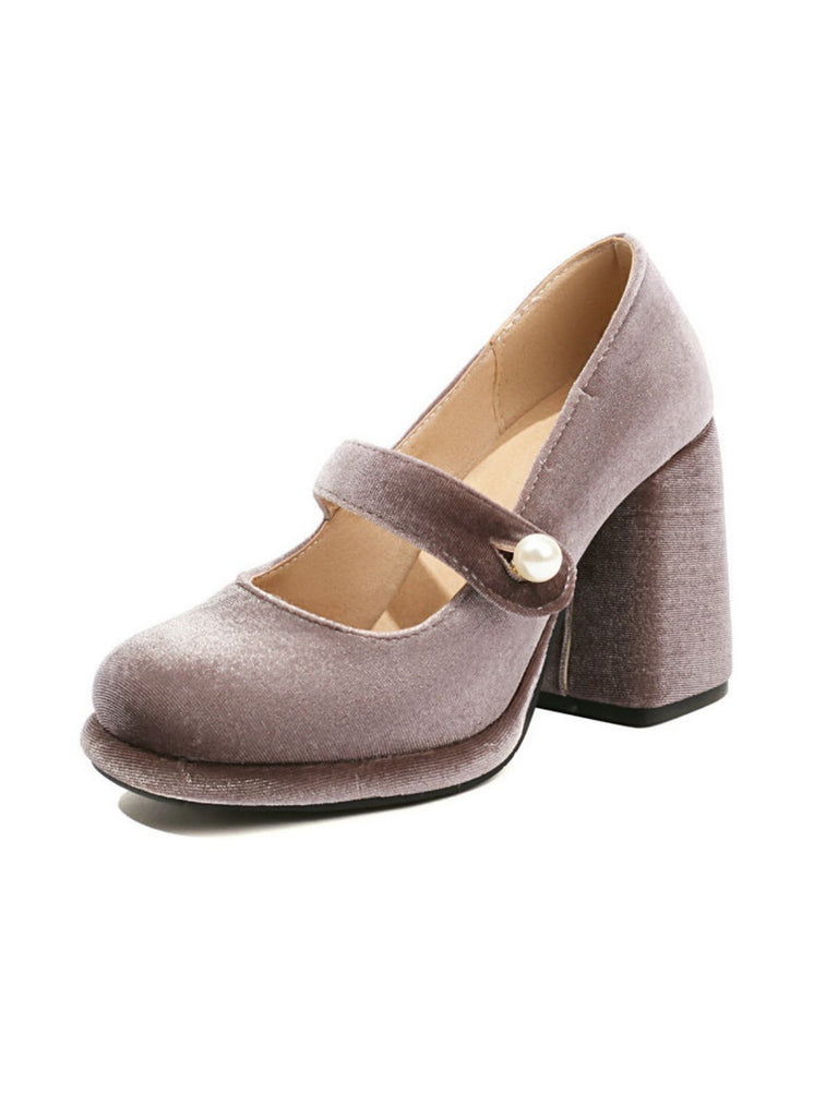 Mary Jane Velvet Pearl Button Chunky Heel Shoes - vintage shoes, retro heels