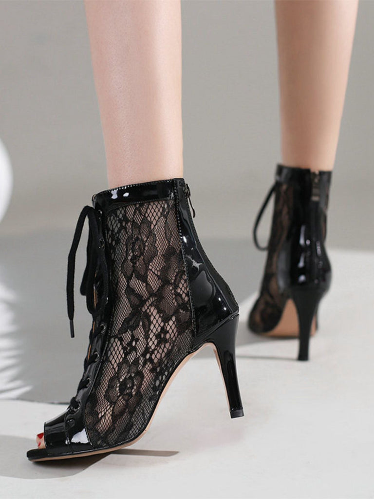 Mesh Patchwork Peep Toe High Heel Sandals - vintage shoes, retro heels