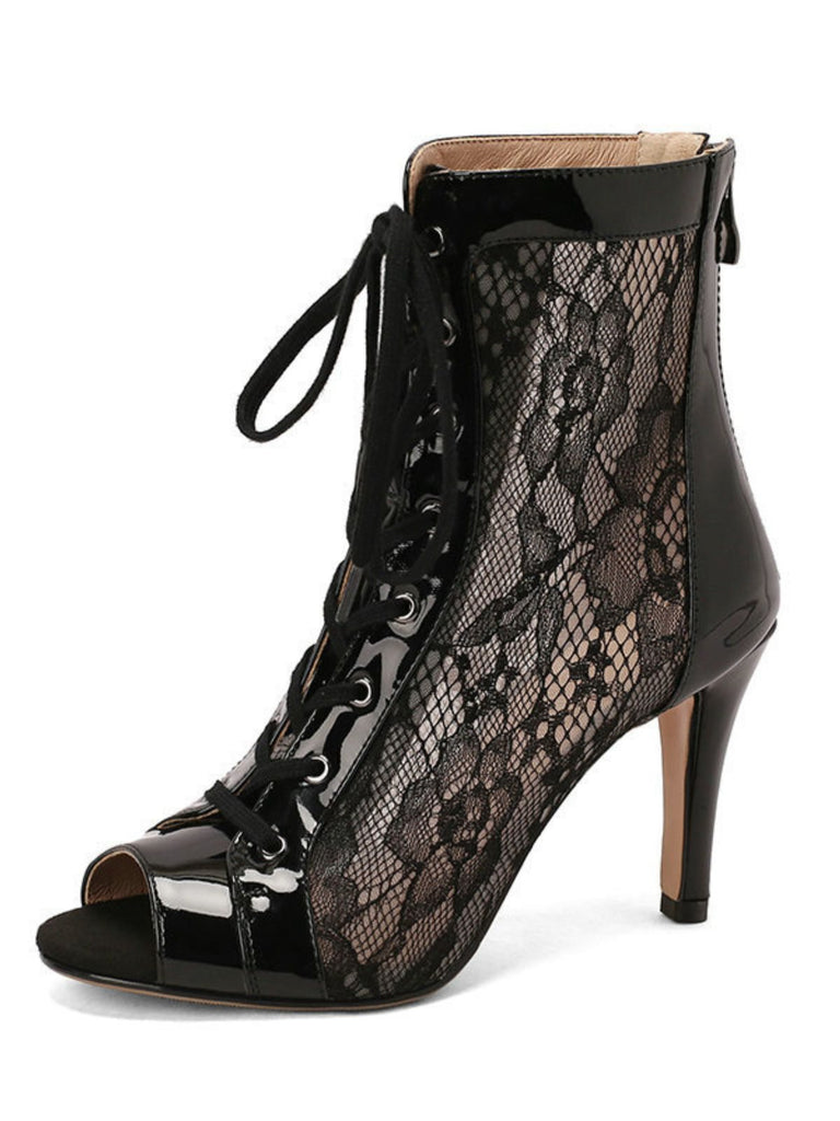Mesh Patchwork Peep Toe High Heel Sandals - vintage shoes, retro heels