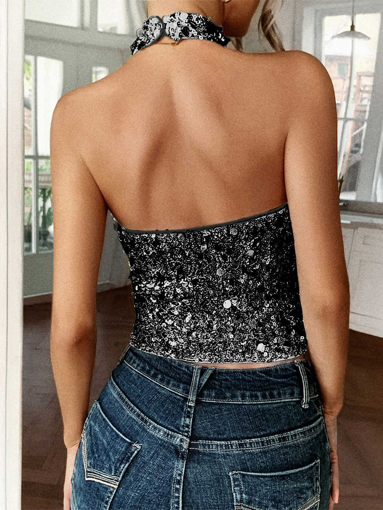 Metallic 1970s Halter Sequin Sleeveless Top - vintage fashion, retro style