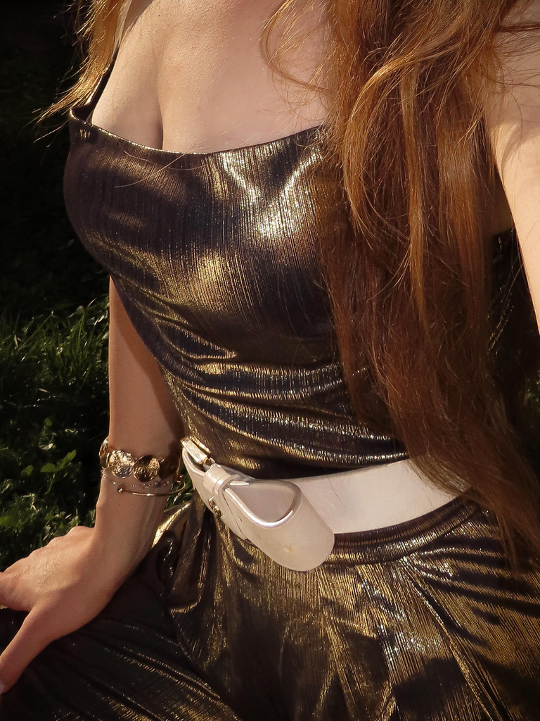 Metallic 1980s Cowl Neck Spaghetti Strap Jumpsuit - vintage jumpsuit, retro fashion