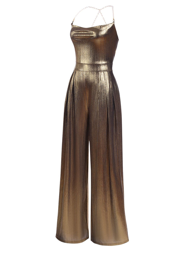 Metallic 1980s Cowl Neck Spaghetti Strap Jumpsuit: timeless 1980s elegance she makes her own