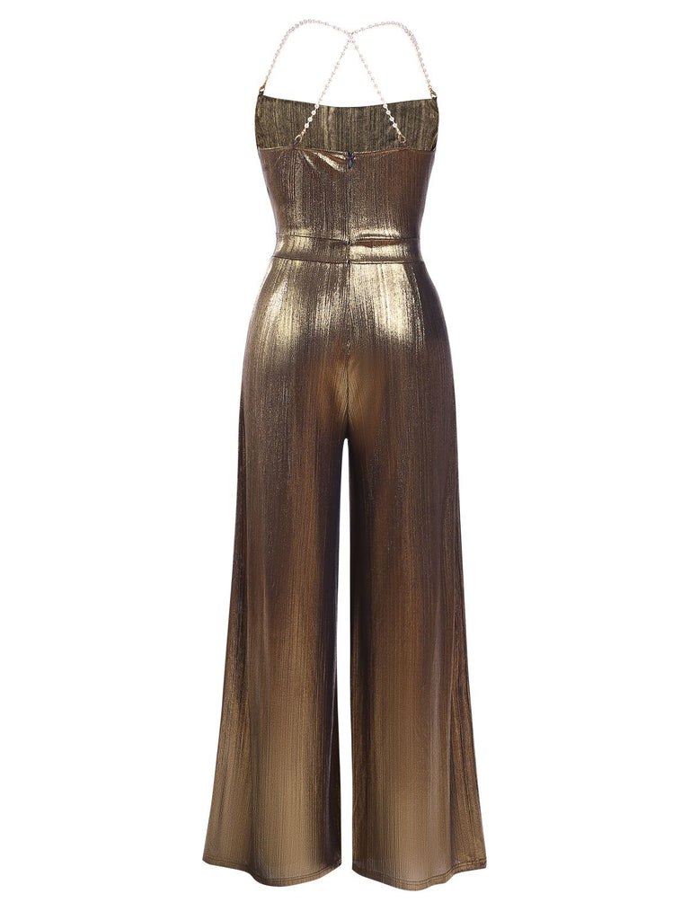This Metallic 1980s Cowl Neck Spaghetti Strap Jumpsuit whispers 1980s secrets to those who notice