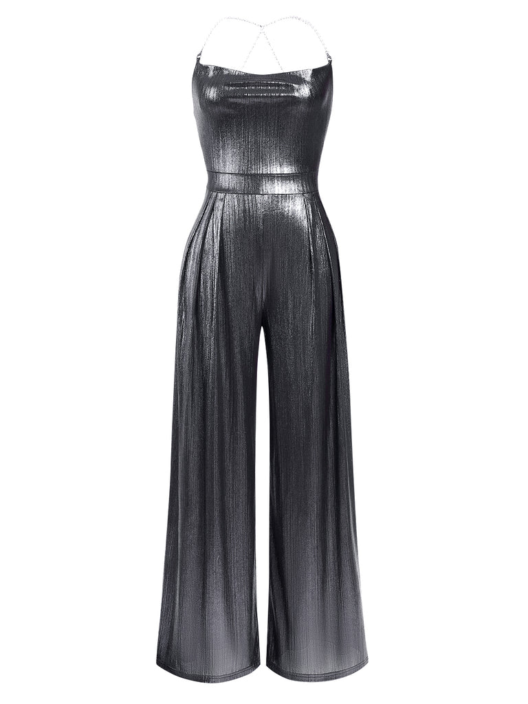 Metallic 1980s Cowl Neck Spaghetti Strap Jumpsuit — 1980s vintage charm for her modern wardrobe