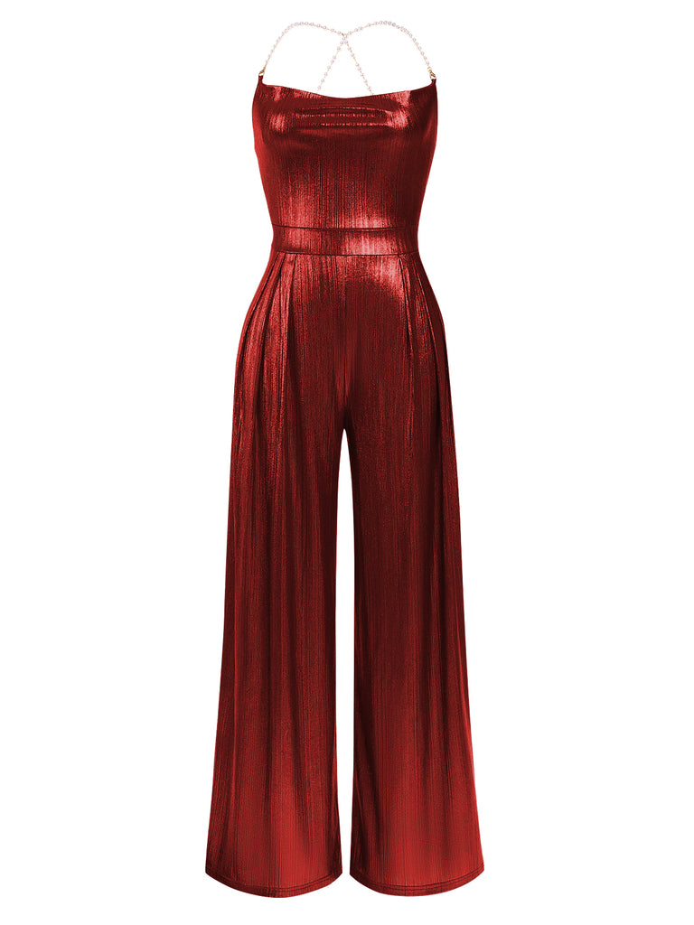 Metallic 1980s Cowl Neck Spaghetti Strap Jumpsuit — 1980s style that transcends decades