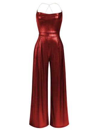 Metallic 1980s Cowl Neck Spaghetti Strap Jumpsuit — 1980s style that transcends decades