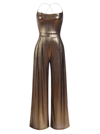 She finds her 1980s story in this Metallic 1980s Cowl Neck Spaghetti Strap Jumpsuit