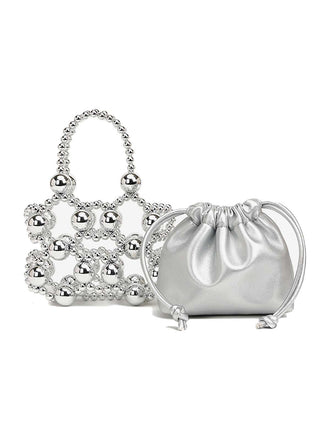 Metallic Beaded Drawstring Mini Bucket Bag - vintage fashion, retro style