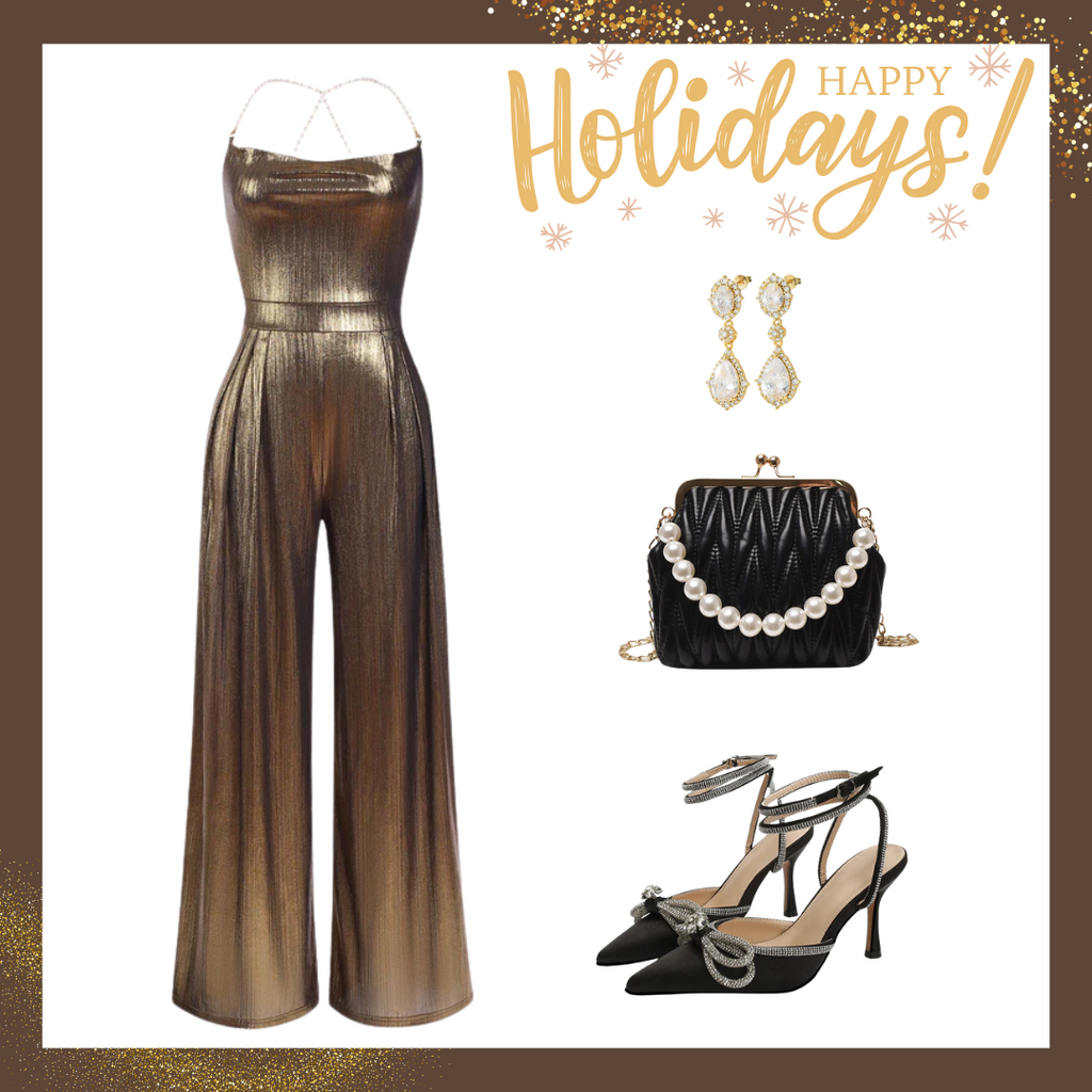 She finds her 1980s story in this Metallic Gold 1980s Cowl Neck Spaghetti Strap Jumpsuit