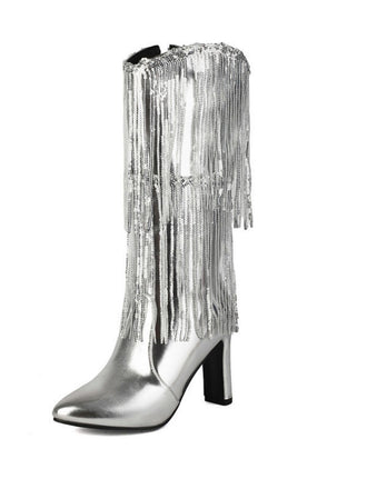Metallic Pointed-toe Fringe Block-heel High Boots - vintage shoes, retro heels
