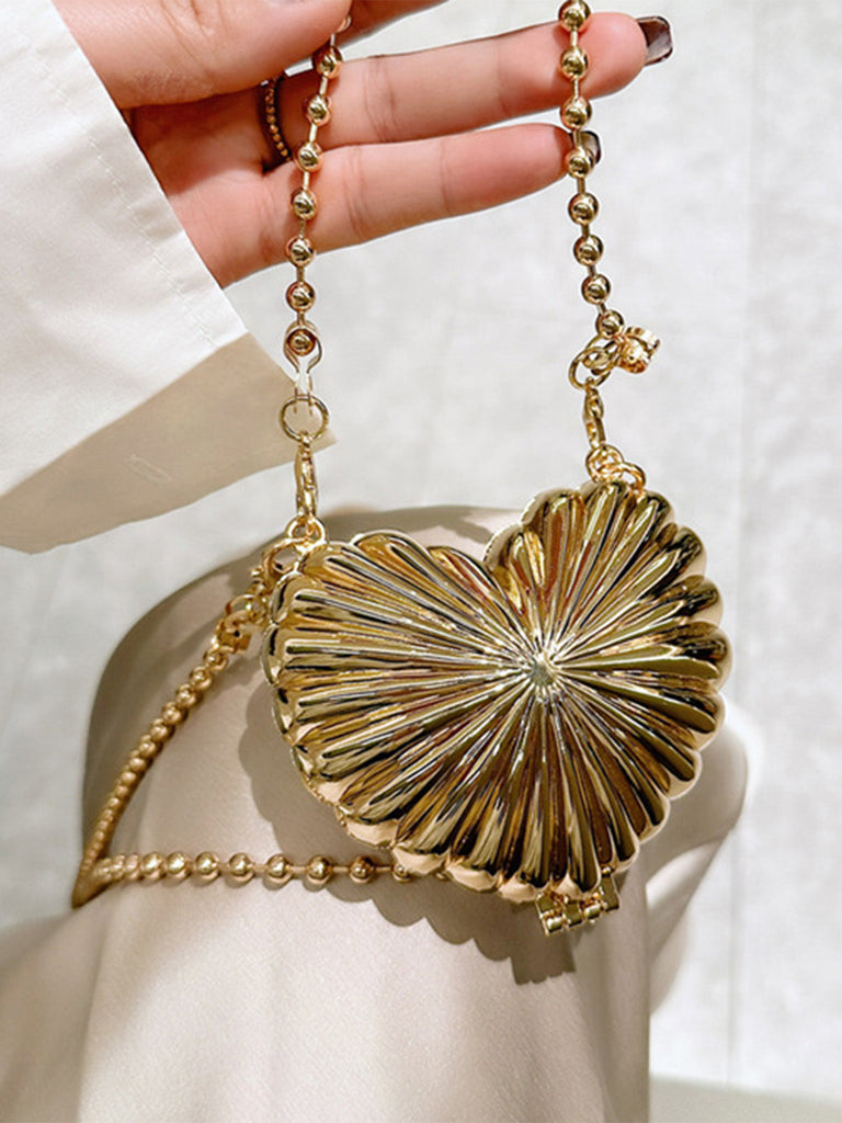 Metallic Ribbed Heart-Shaped Hard Shell Mini Bag - vintage fashion, retro style