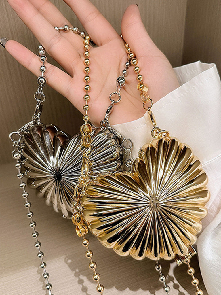 Metallic Ribbed Heart-Shaped Hard Shell Mini Bag - vintage fashion, retro style