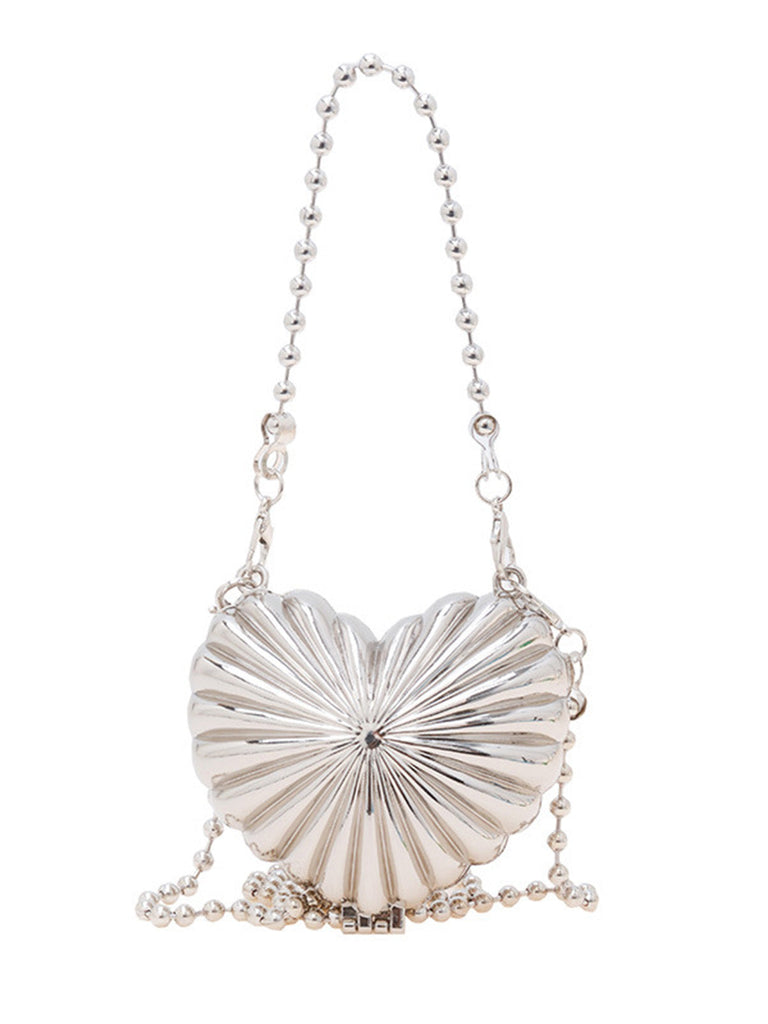 Metallic Ribbed Heart-Shaped Hard Shell Mini Bag - vintage fashion, retro style