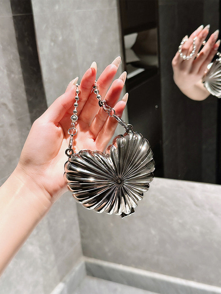 Metallic Ribbed Heart-Shaped Hard Shell Mini Bag - vintage fashion, retro style