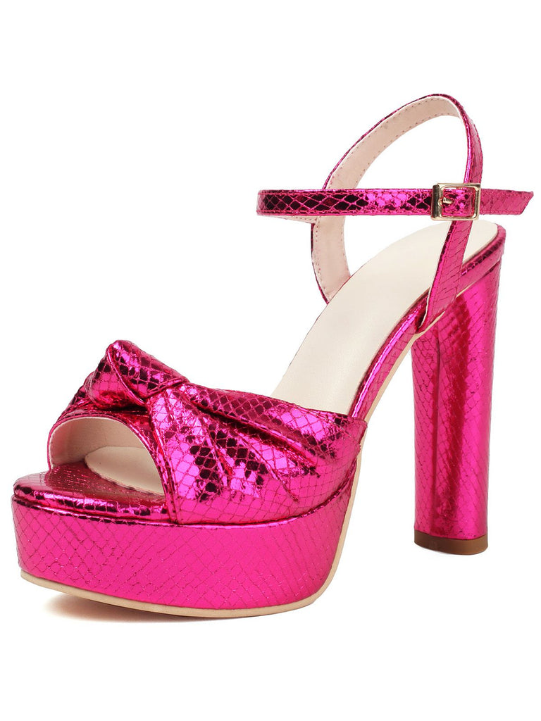 Metallic Snake Print Chunky High Heel Sandals - vintage shoes, retro heels