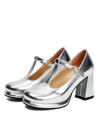 Metallic Square Toe Block Buckle Heels - vintage shoes, retro heels