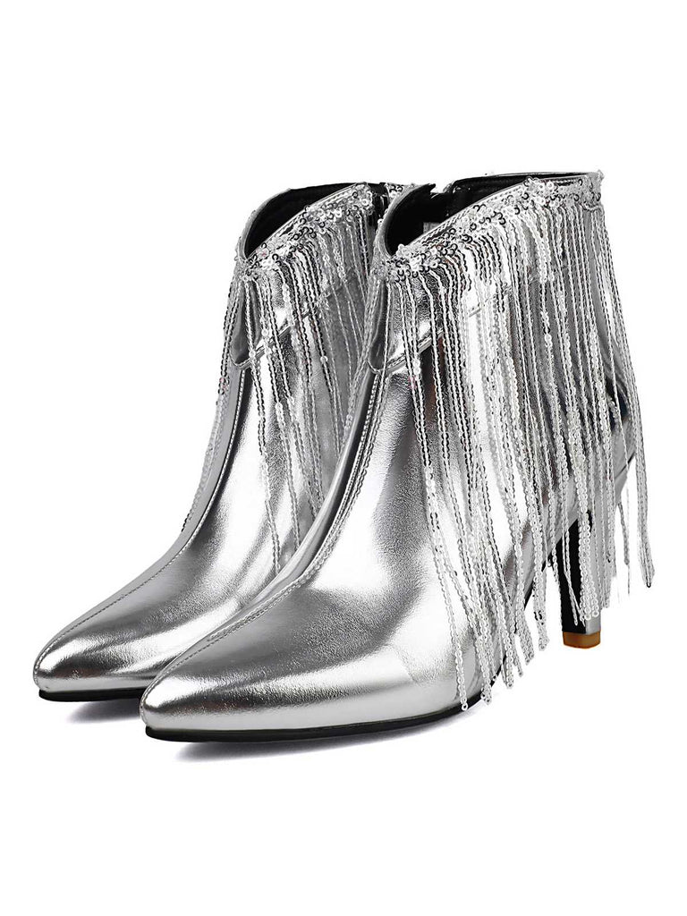 Metallic Tassel Pointed Toe Stiletto Chelsea Boots - vintage fashion, retro style