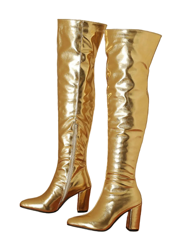 Metallic Thigh-High Block Heel Boots - vintage shoes, retro heels