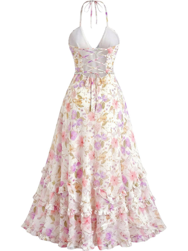 Multicolor 1930s Floral Halter Maxi Dress, vintage dress, retro fashion, floral print - perfect for women who love vintage and retro fashion