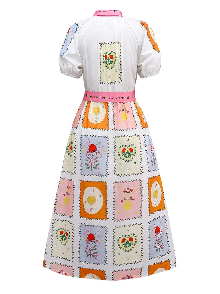 Multicolor 1930s Floral Sun Moon Belted Dress - vintage dress, retro fashion