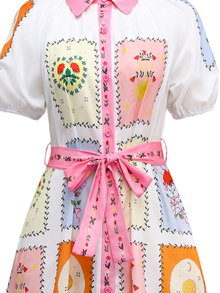Multicolor 1930s Floral Sun Moon Belted Dress - vintage dress, retro fashion