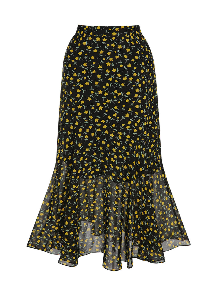 Multicolor 1930s Flowers Fishtail Skirt: 1930s grace for the woman who dances through life