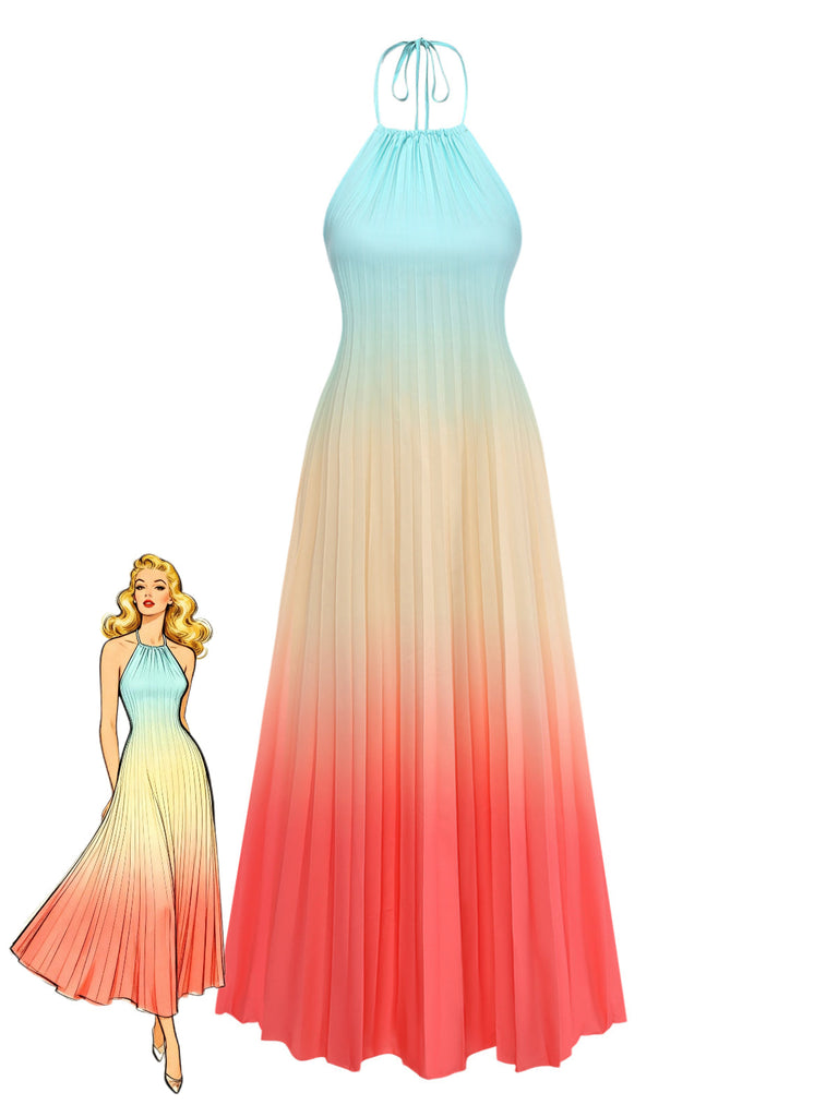 Sunset Ombre Prom Dress Women's Halter Gradient Pleated Maxi Dress Beach Vacation Wedding Guest Dress